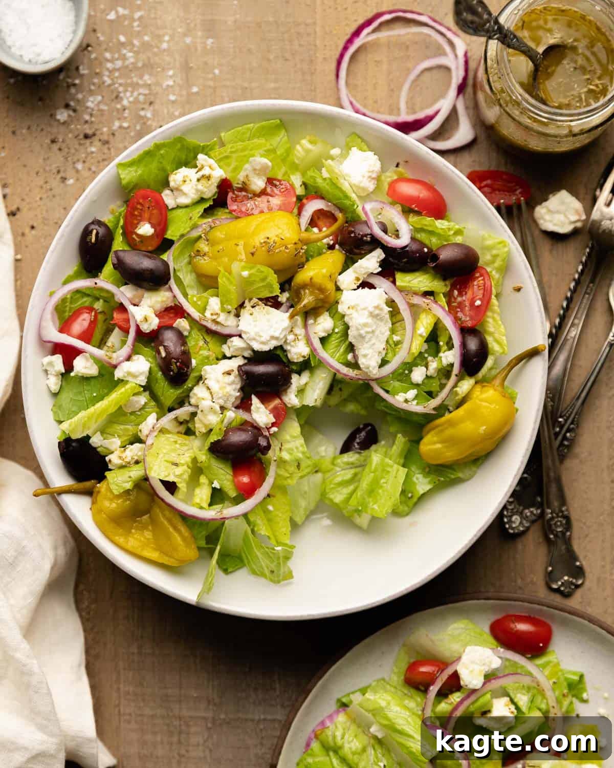 Overhead image of Panera Greek salad copycat with beautiful garnishes.