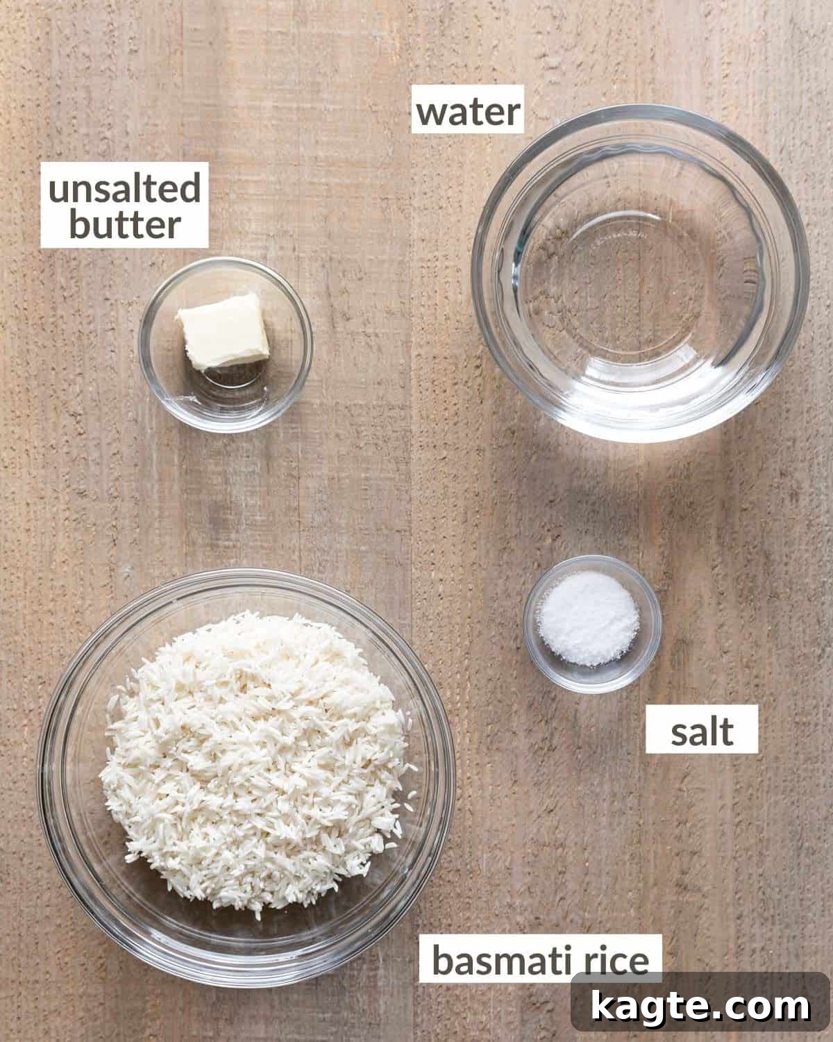 Perfect Instant Pot Basmati Rice 3 A flat lay of the simple ingredients needed to make basmati rice in the Instant Pot: basmati rice, butter, water, and salt.