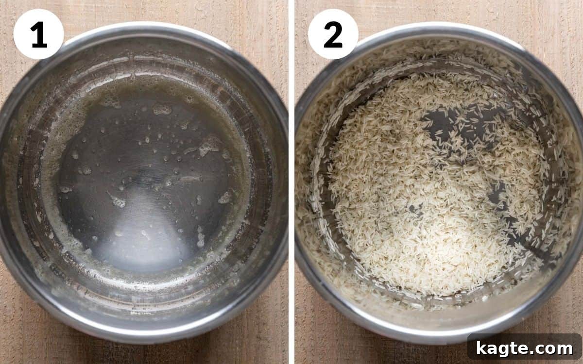 Perfect Instant Pot Basmati Rice 4 Butter melted in Instant Pot, followed by basmati rice added and sautéed for flavor.