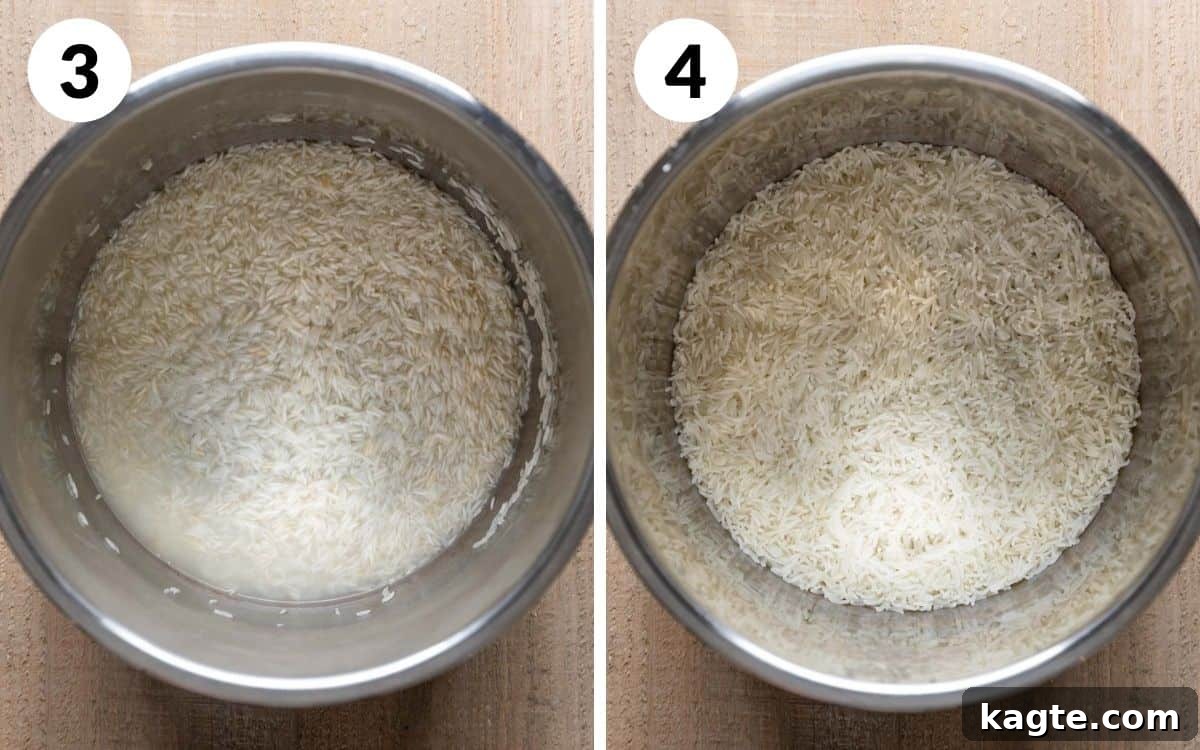 Perfect Instant Pot Basmati Rice 5 Salt and water are added to the pot with the sautéed rice, followed by a close-up of the perfectly cooked, fluffy basmati rice in the Instant Pot.