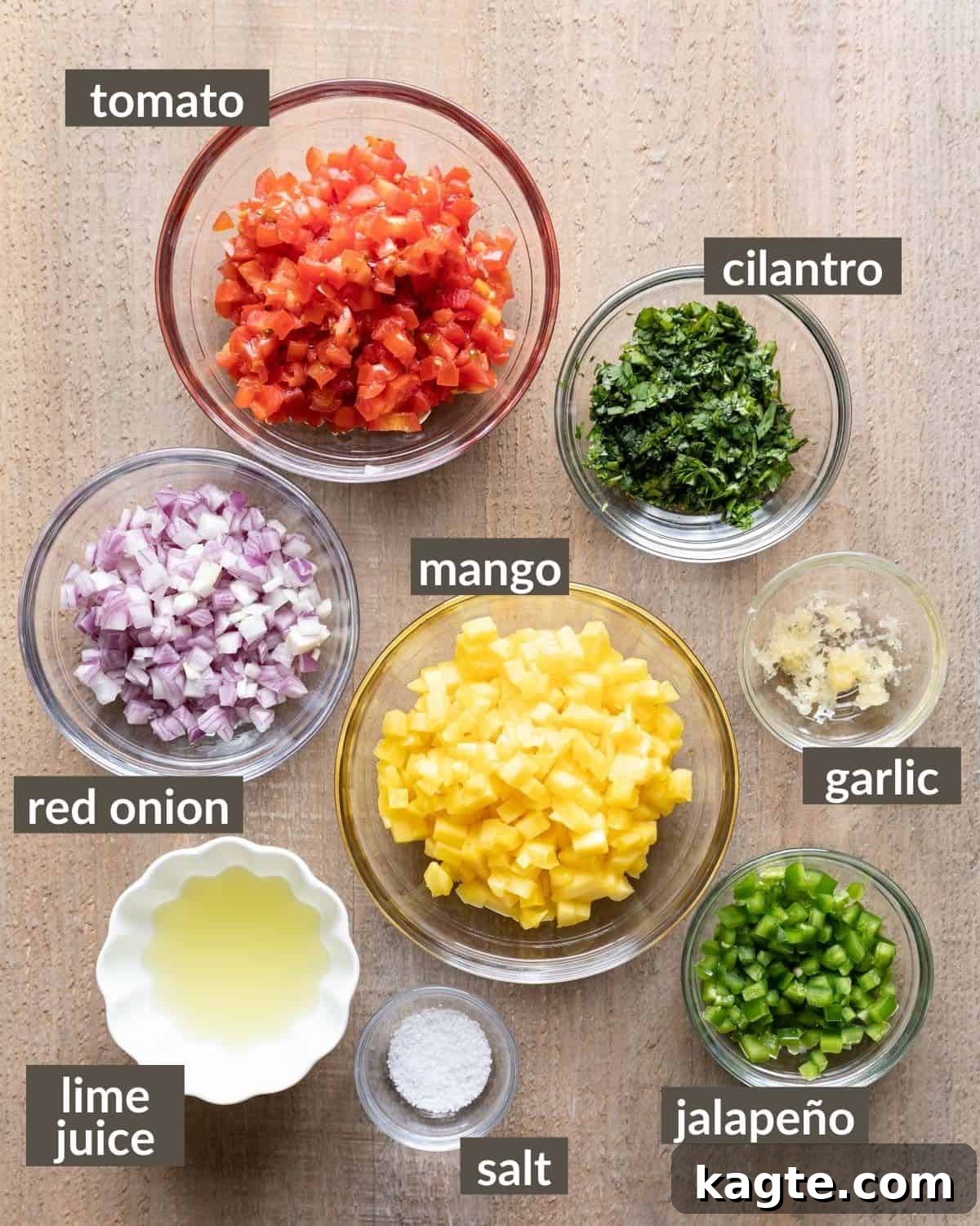 An overhead shot showcasing all the fresh, colorful ingredients laid out for Mango Pico de Gallo: diced mango, cherry tomatoes, red onion, jalapeños, cilantro, limes, and garlic cloves.