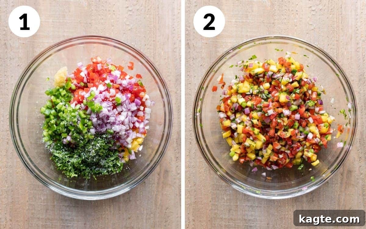 A two-panel image showing the steps: first, all the prepped ingredients for mango pico de gallo are gathered in a mixing bowl; second, the ingredients are gently tossed together, showcasing the vibrant mix of colors.