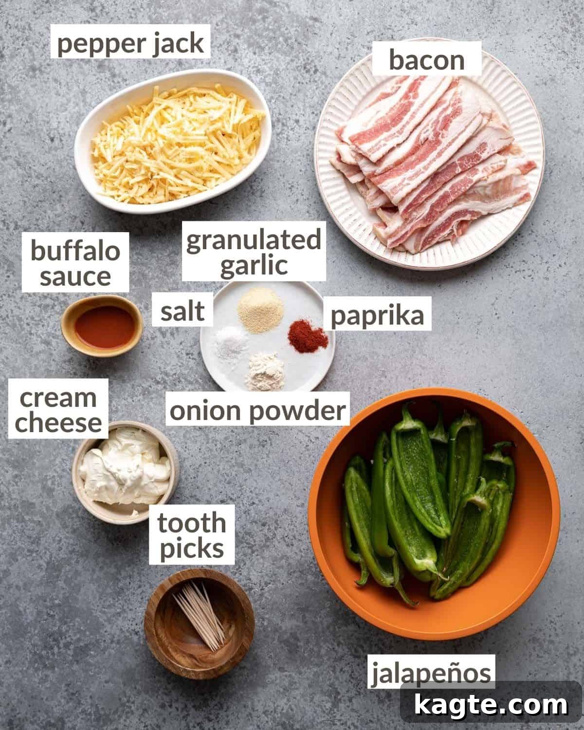 Golden Air Fryer Bacon-Wrapped Jalapeño Poppers 3 Overhead image of ingredients needed to make bacon wrapped jalapeno poppers.