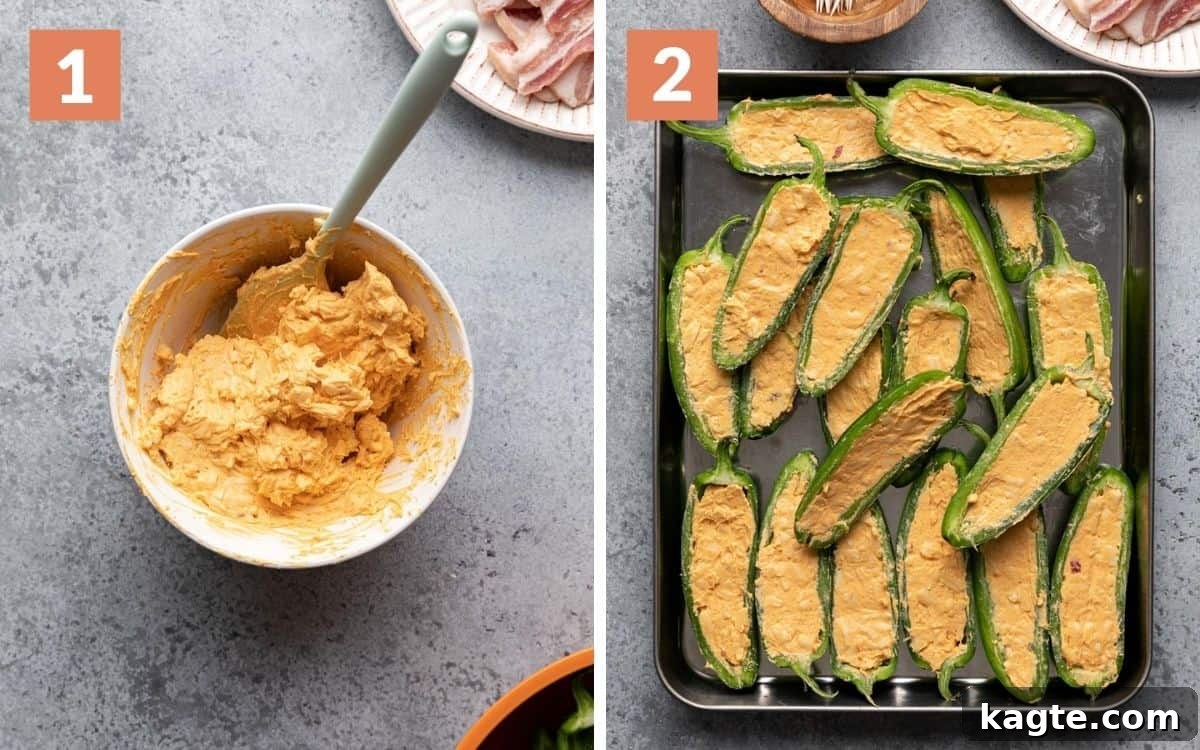 Golden Air Fryer Bacon-Wrapped Jalapeño Poppers 4 A two photo collage showing the beginning steps of air fryer bacon wrapped jalapeno poppers.