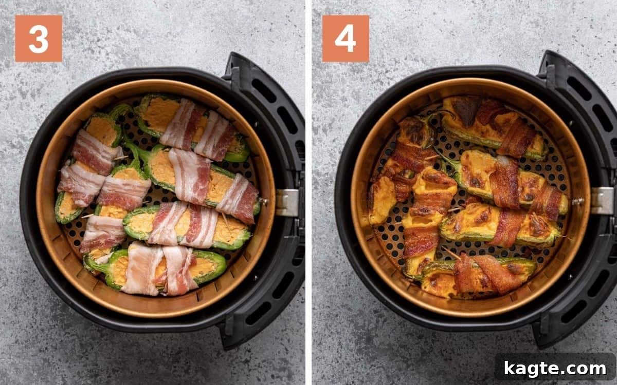 Golden Air Fryer Bacon-Wrapped Jalapeño Poppers 5 A two photo photo collage showing the final assembly of air fryer bacon wrapped jalapeno poppers.