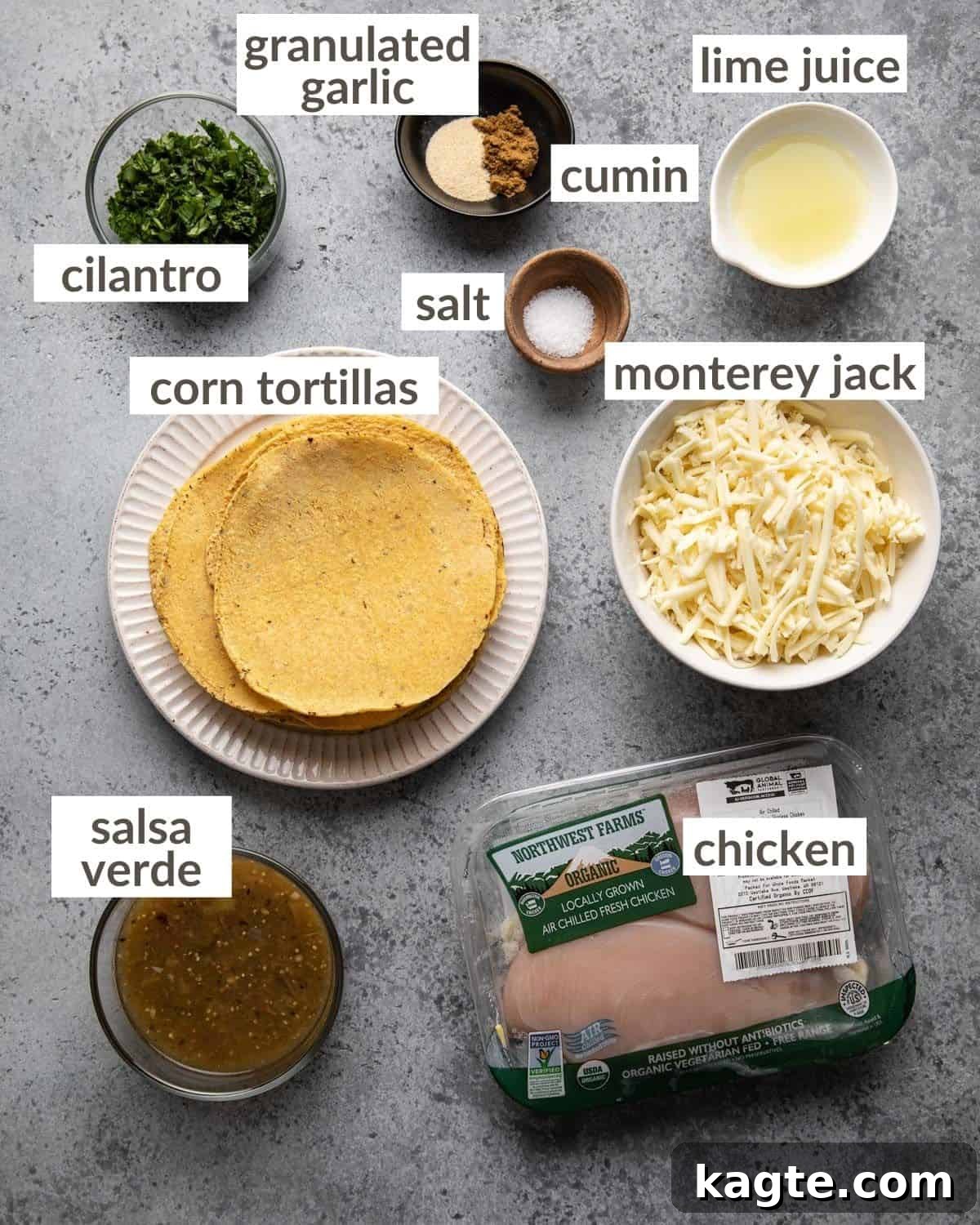 Oven-Fresh Cilantro Lime Tacos 3 Overhead shot of all ingredients laid out for cilantro lime chicken tacos: chicken breasts, salsa verde, spices, cilantro, lime, corn tortillas, and Monterey Jack cheese.