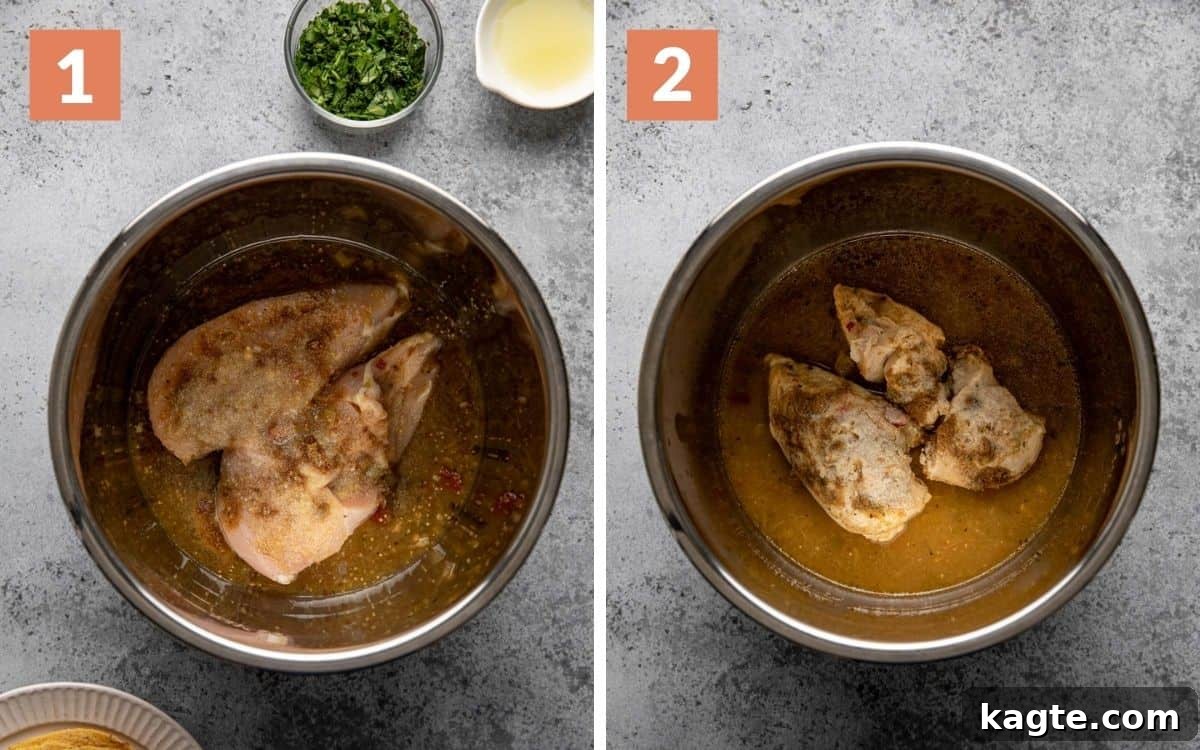 Oven-Fresh Cilantro Lime Tacos 4 Sequential images showing raw chicken, salsa, and spices in an Instant Pot, followed by cooked, tender chicken in the Instant Pot after pressure release.