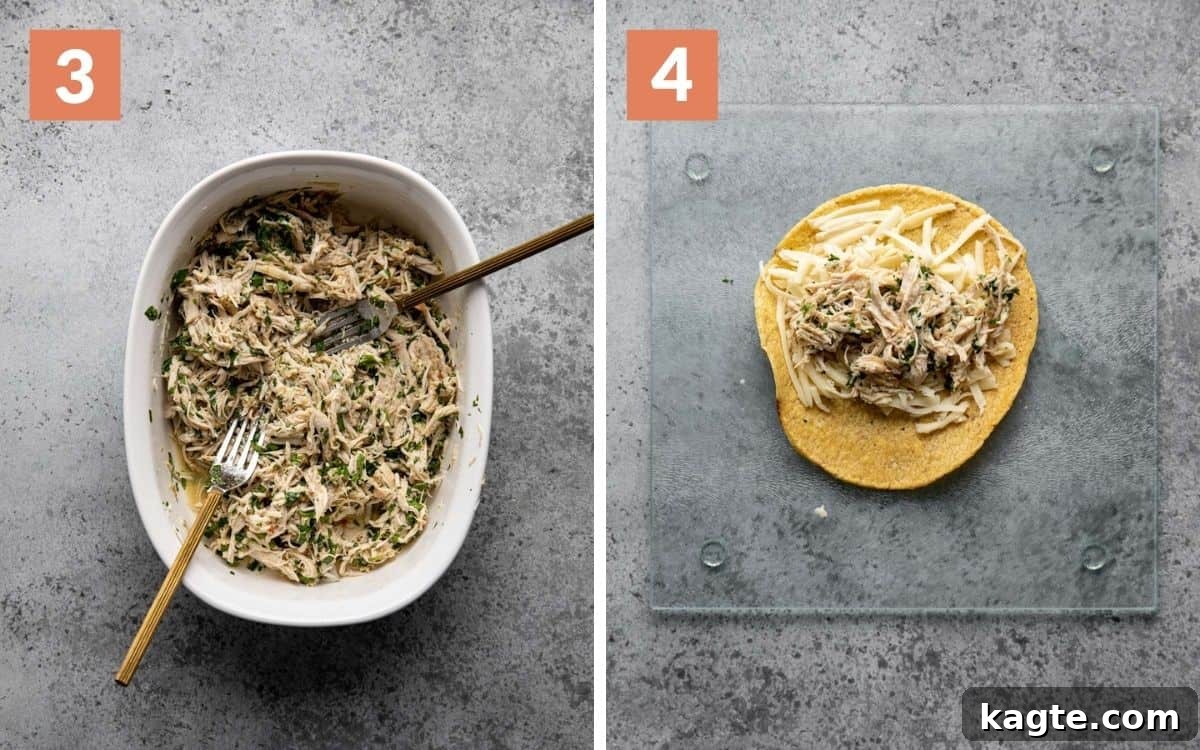 Oven-Fresh Cilantro Lime Tacos 5 Sequential images showing shredded cilantro lime chicken in a bowl, followed by a corn tortilla being assembled with cheese and chicken filling.