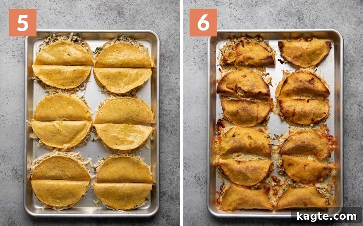 Oven-Fresh Cilantro Lime Tacos 6 Sequential images showing assembled tacos on a baking sheet before baking, followed by the finished, crispy baked tacos ready to be served.