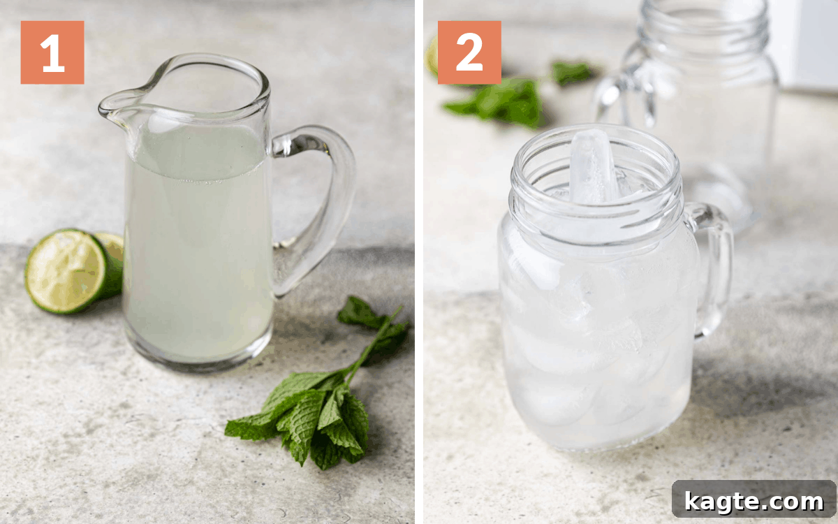 The Ultimate Mexican Tequila Mule 4 Step-by-step instructions for mixing the ingredients of a Mexican Mule, showing a hand pouring tequila into a measuring cup with lime juice, ready to be combined with ginger beer.