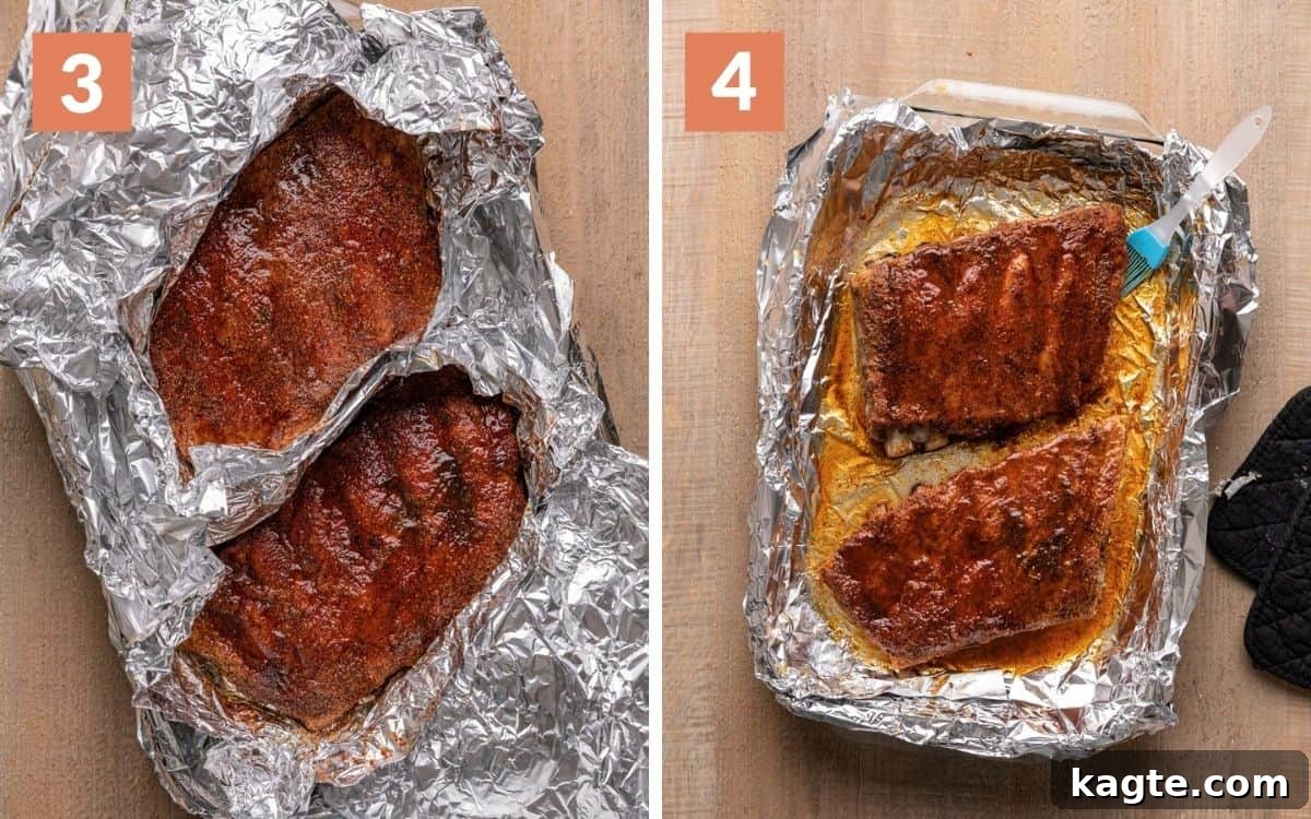 Fall-Off-The-Bone St Louis Ribs Oven Masterpiece 5 A 2 photo collage showing ribs being basted and unwrapped.