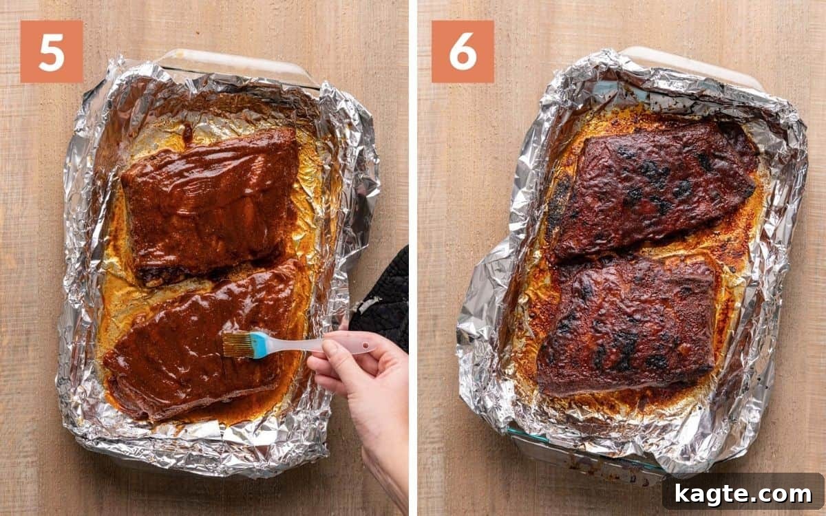 Fall-Off-The-Bone St Louis Ribs Oven Masterpiece 6 A 2 photo collage showing ribs with sauce and caramelized in the oven.