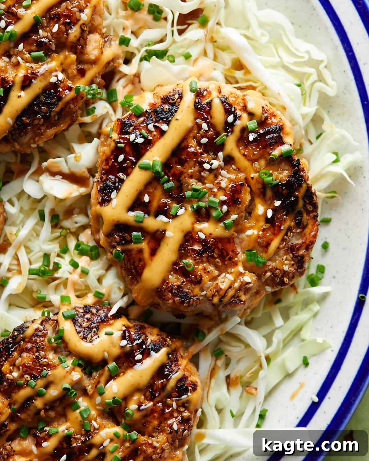 Flavor-Packed Salmon Burgers with Zesty Sriracha Aioli 10 Close-up overhead image of a golden-brown Asian salmon burger patty with visible flakes of salmon, green onions, and sesame.