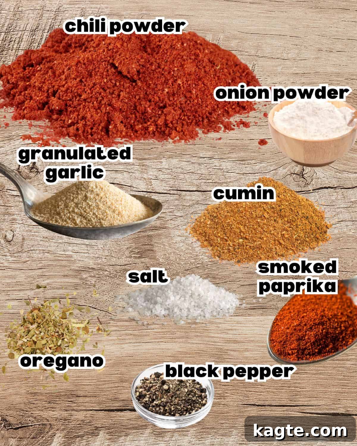 Overhead image of spices used for a homemade chili seasoning recipe, including chili powder, cumin, paprika, garlic powder, and oregano.