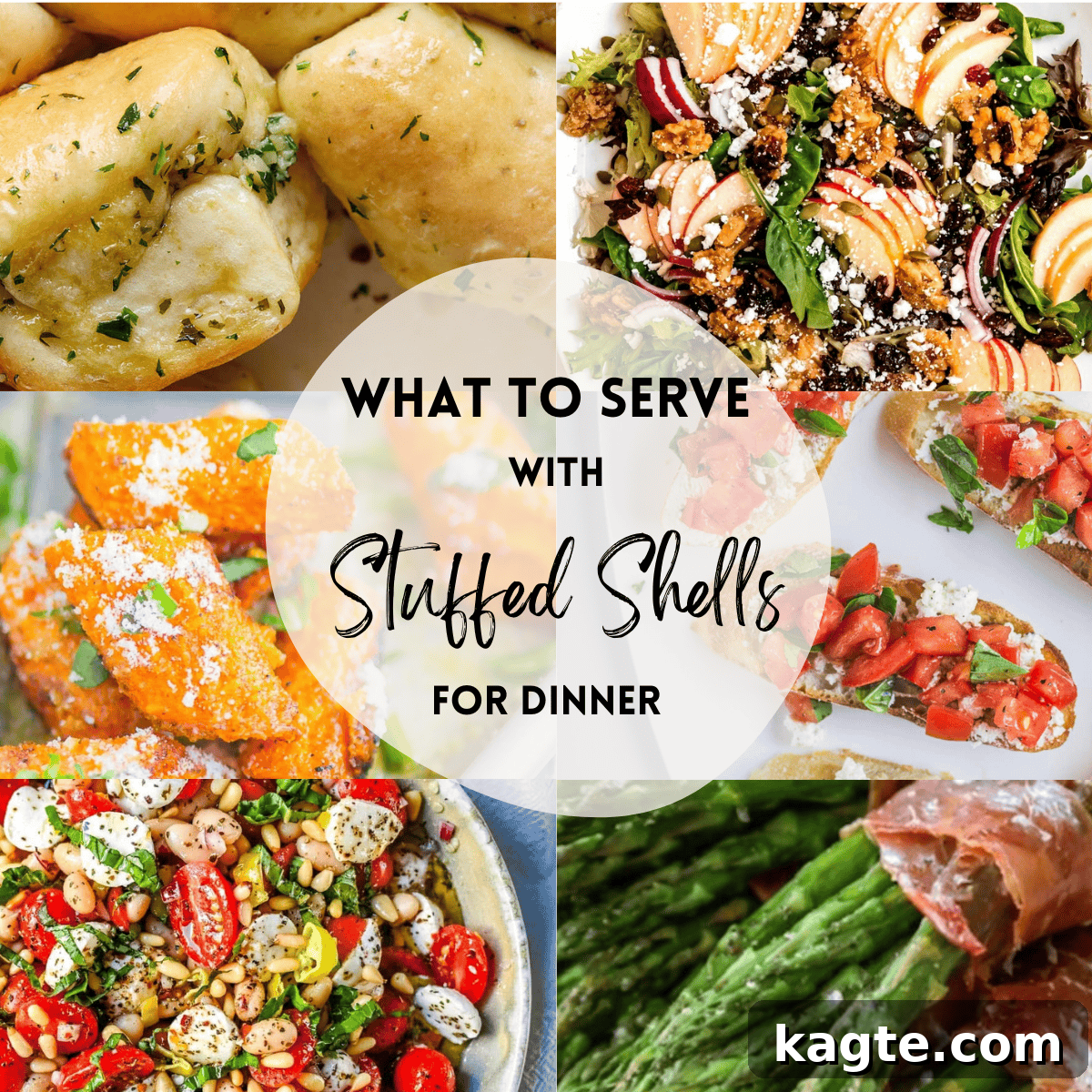 A collage of various side dishes, including salads, bread, and roasted vegetables, illustrating what to serve with stuffed shells for dinner.