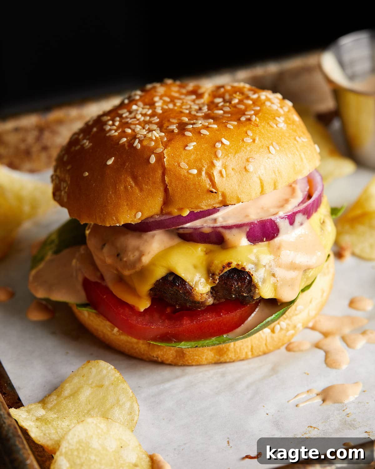 Juicy Grilled Hamburger Recipe for Perfect Backyard Burgers 2 Finished cheeseburger on a sesame bun with lettuce, tomato, and red onion.