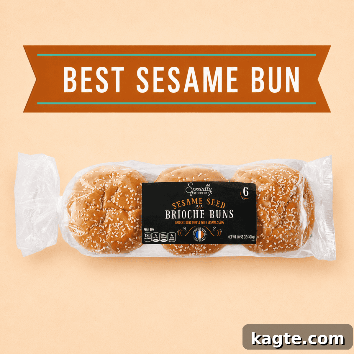 Top Store-Bought Hamburger Buns That Make Great Burgers 6 Package of Aldi Specially Selected Sesame Seed Brioche Buns labeled as the best sesame bun for burgers.