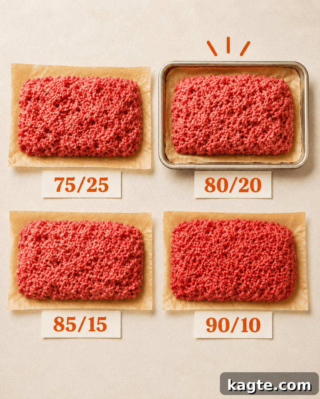 Top Meats for Juicy, Flavorful Burgers 3 Four portions of raw ground beef labeled 75/25, 80/20, 85/15, and 90/10 to compare fat ratios for burgers.