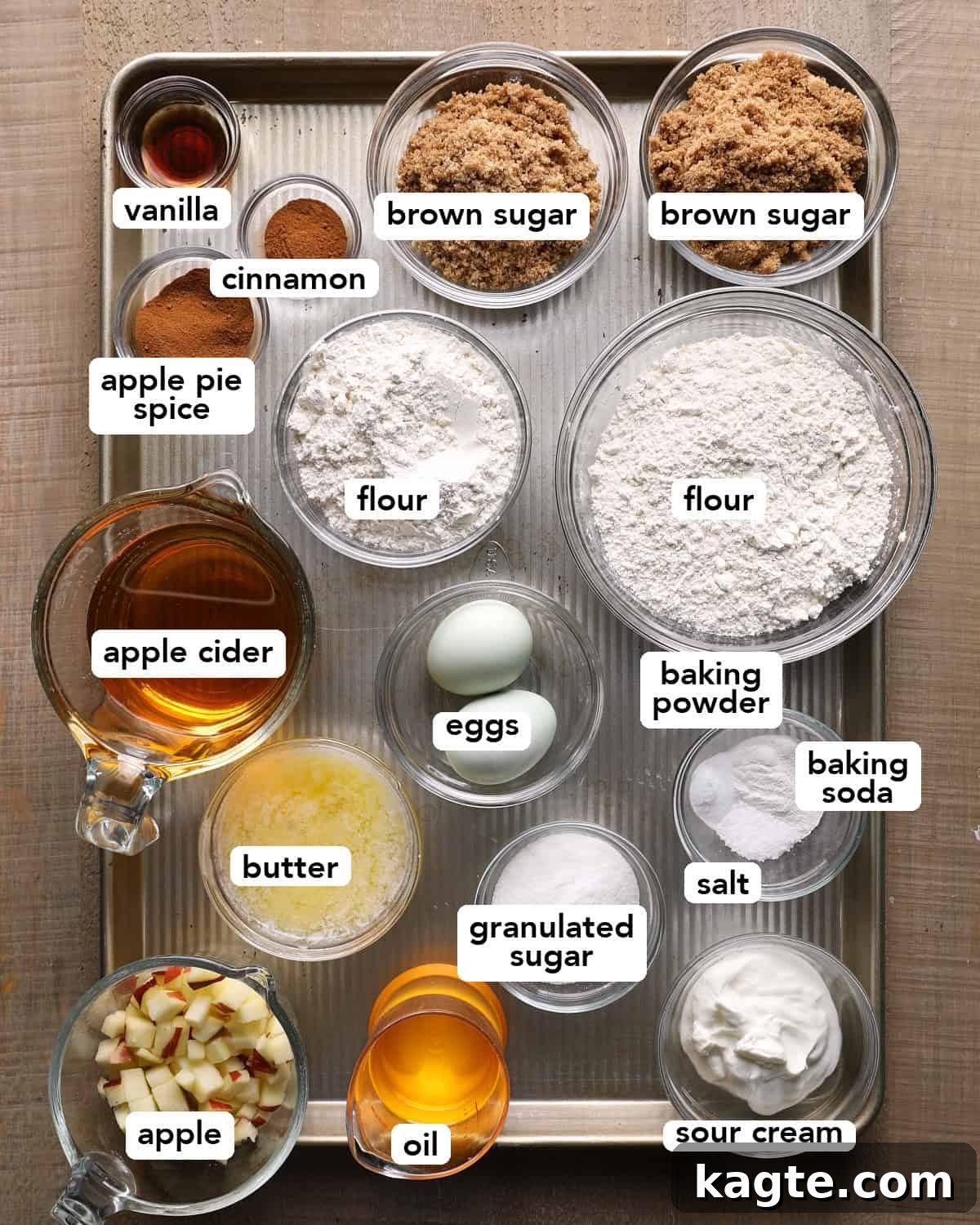 Apple Cider Muffins with Cinnamon Crumb Topping 3 Apple cider, diced apple, flour, sugars, oil, butter, sour cream, eggs, vanilla, spices, leaveners, and salt for apple cider muffins.