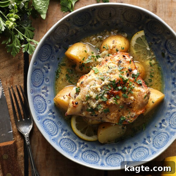 Slow Cooker Greek Lemon Chicken and Potatoes 12 Slow cooker Greek lemon chicken and potatoes served in a blue bowl.