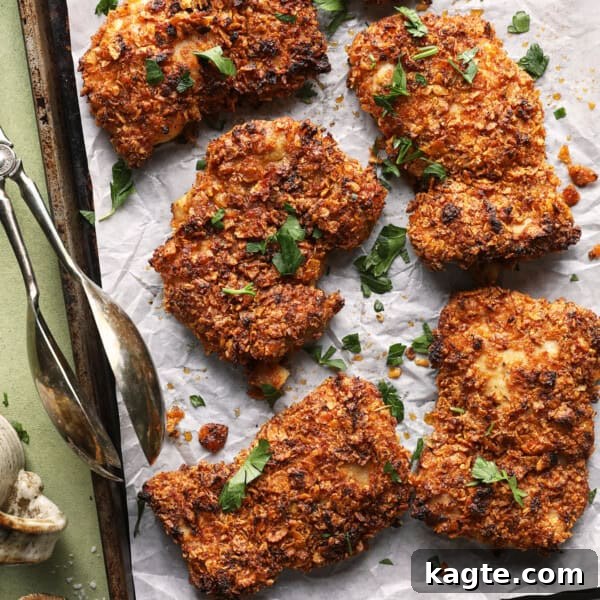 Slow Cooker Greek Lemon Chicken and Potatoes 13 Crispy baked cornflake chicken thighs with chopped parsley on a parchment-lined sheet pan.