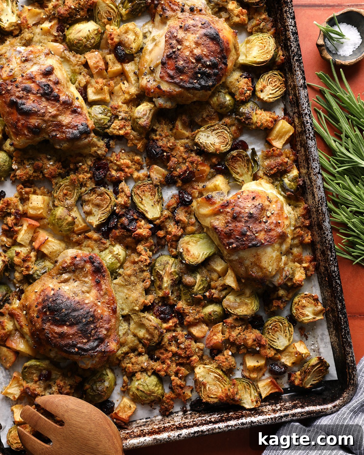 Sheet Pan Roasted Chicken with Herb Stuffing 2 Sheet pan chicken and stuffing with browned maple Dijon thighs, Brussels sprouts, apples, and cranberries.