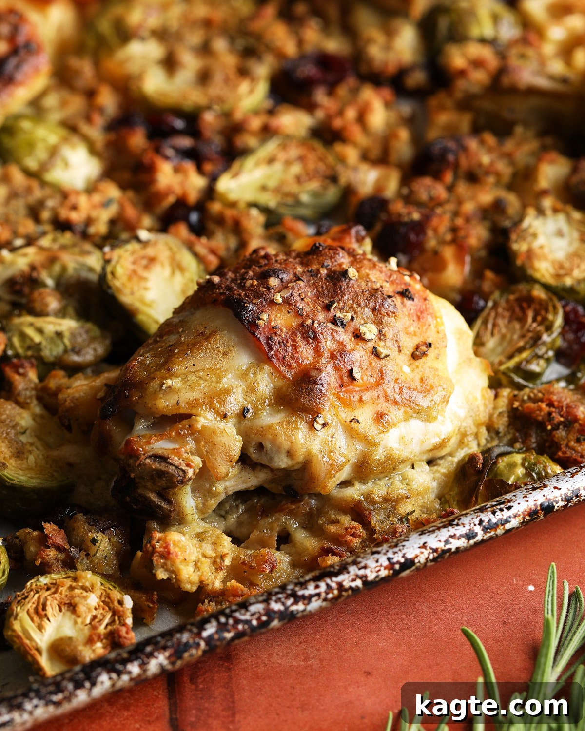 Sheet Pan Roasted Chicken with Herb Stuffing 8 Browned chicken thigh resting above soft stuffing with crisp stuffing pieces and roasted Brussels sprouts around it.